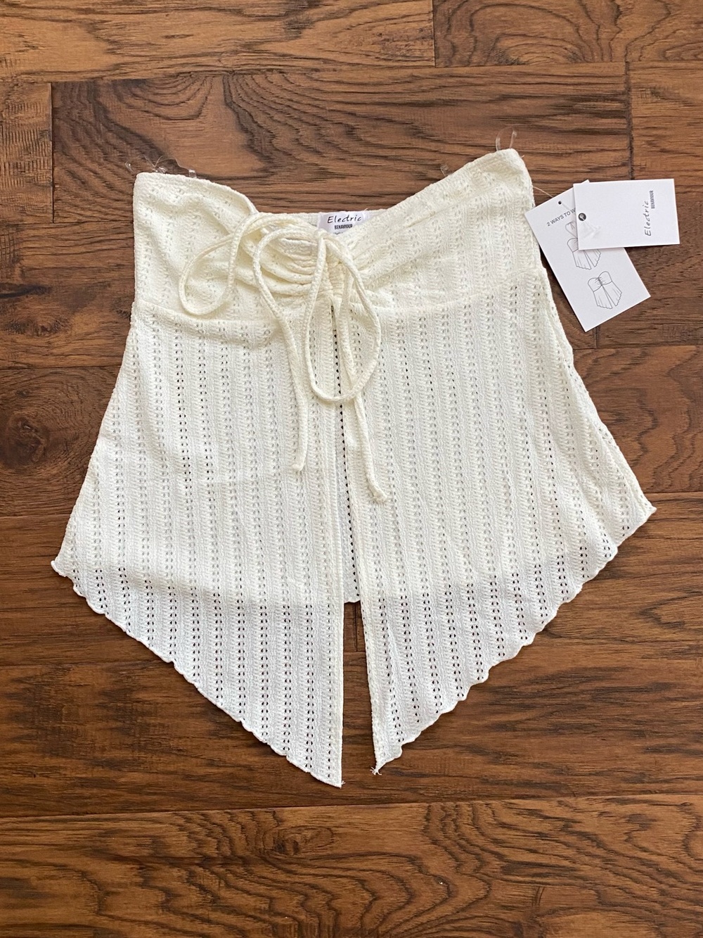 Electric Behavior Crochet Pointed Hem Drawstring Strapless Top - Cream